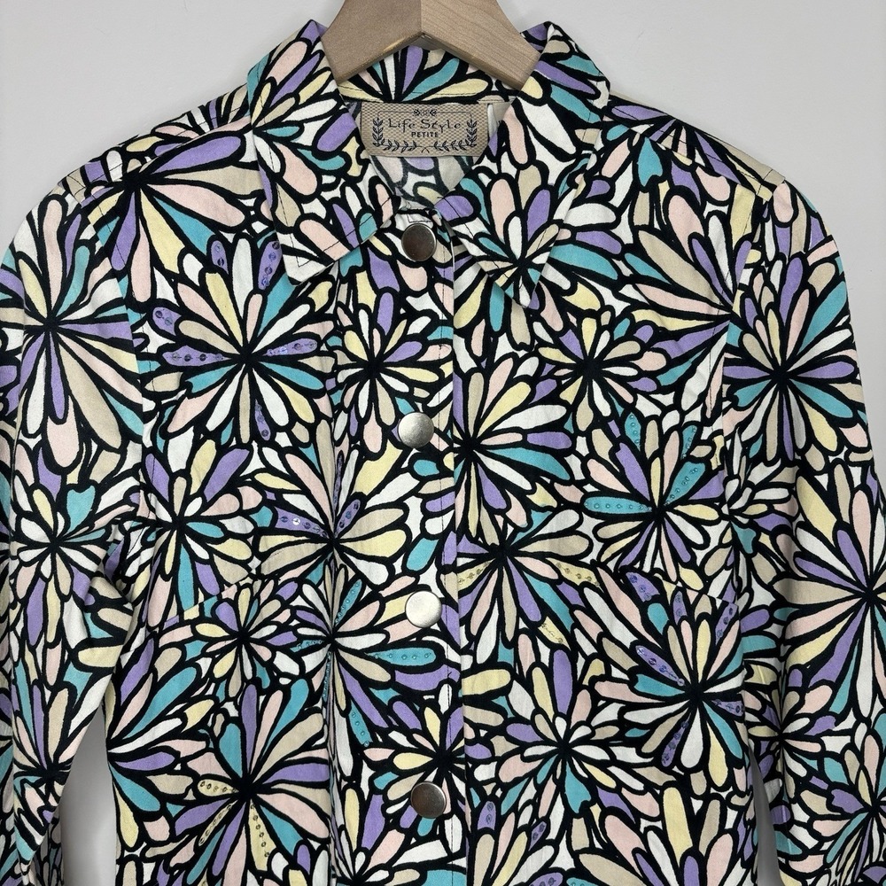 Cotton Artsy Floral Jacket Sequin Bold Colorful Whimsy Groovy Medium PM Hippie